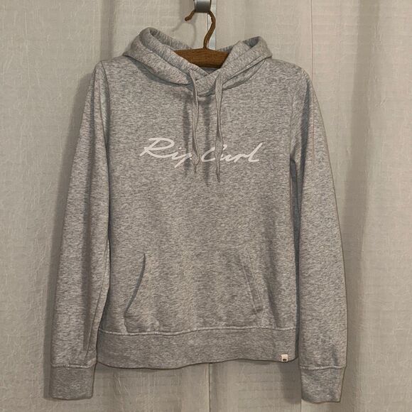 Rip Curl XS Silver Gray White Logo Fleece Inner Front Pocket Hoodie Sweatshirt - Picture 1 of 12